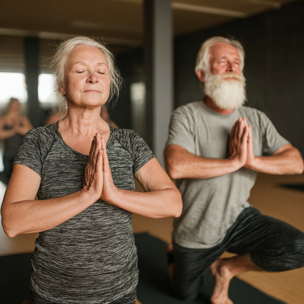 Gruppe von deutschen Erwachsenen verschiedener Altersgruppen von 30 bis 70 Jahren praktiziert sanfte Yoga-Übungen in einem hellen Studio