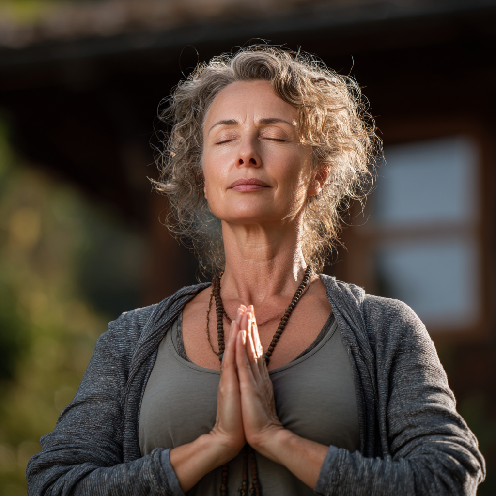 Deutsche Erwachsene mittleren Alters praktizieren sanfte Dehnübungen und zeigen dabei entspannte, konzentrierte Gesichtsausdrücke in einem ruhigen Yoga-Raum